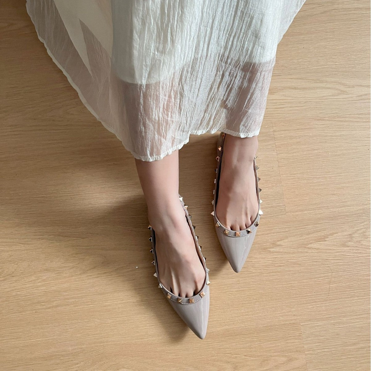 Black Patent Leather Studded Strap Pointed Toe Flats | Women's Rockstud Ballet Slingback Shoes