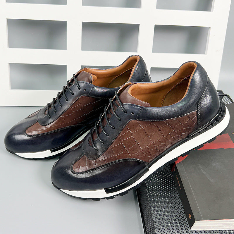 Woven Leather Sneakers for Men | Luxury Lace Up Casual Dress Shoes with White Sole