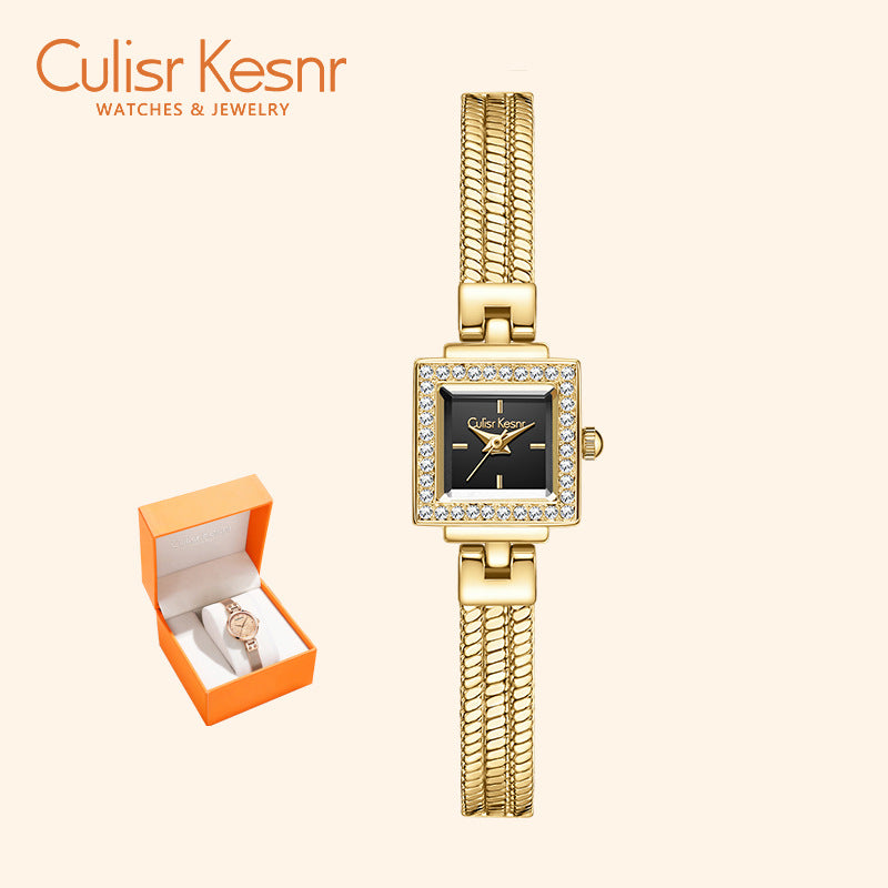 Women's Gold Square Crystal Bezel Watch | Diamond Pave Snake Chain Bracelet Champagne Dial Luxury Quartz Timepiece