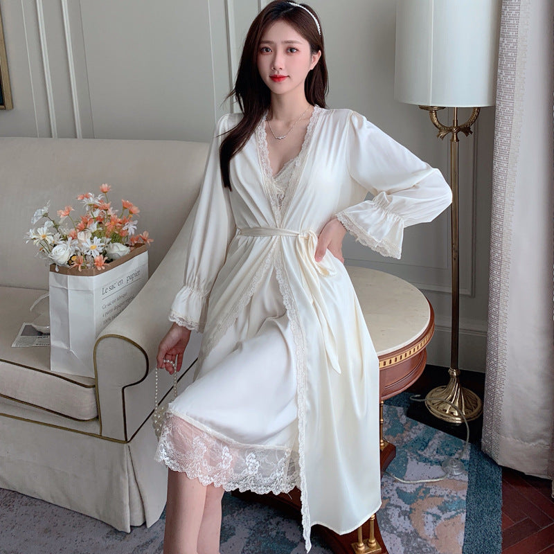 Women's Black Satin Lace Trim Nightgown and Robe Set Sexy 2 Piece V Neck Slip Dress with Long Sleeve Dressing Gown Sleepwear