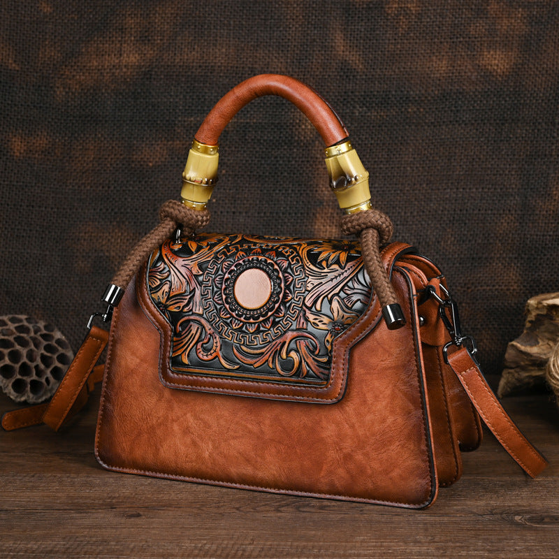 Black Leather Handbag with Tooled Design - Artisan Embossed Shoulder Bag with Braided Handle | Bohemian Ethnic Satchel