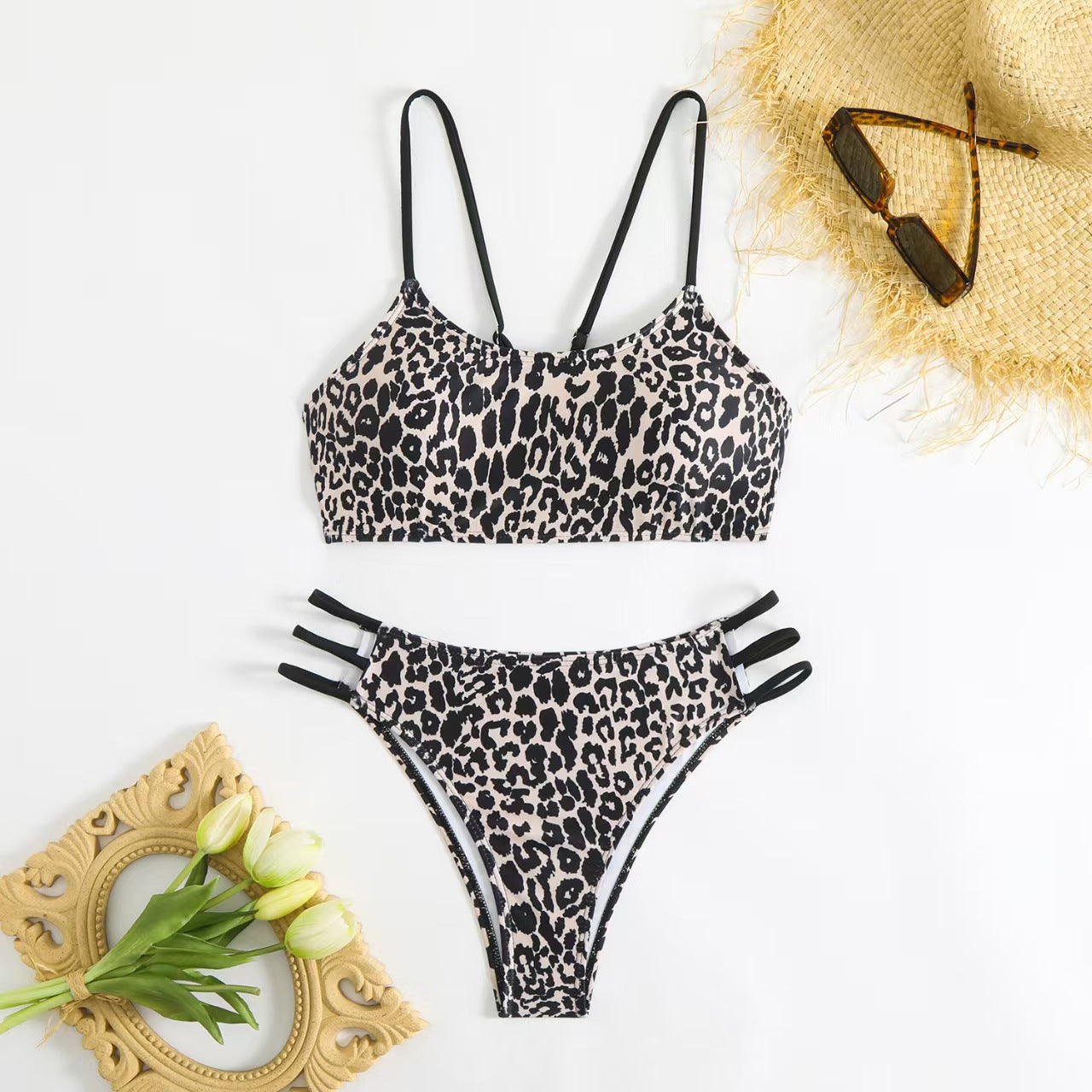 Leopard Print Neon Pink Strap Bikini Set, Crop Top & Triple Strap Cheeky Bottom, Women Animal Print Color Block Swimwear, Bold Beach Swimsuit, Black Tan Hot Pink Two Piece Bathing Suit