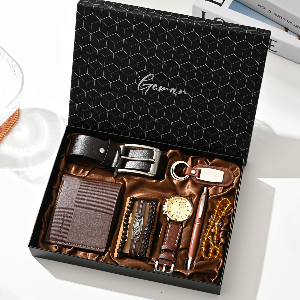 Geman Men's Luxury Gift Set – 6-Piece Black Leather Belt, Wallet, Watch, Bracelet, Keychain & Pen Box Set | Premium Men's Gift