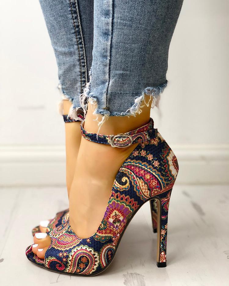 Paisley Print Ankle Strap Peep Toe Stiletto Sandals | Women's Boho Floral High Heel Party Shoes