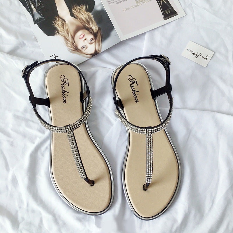 Rhinestone Crystal T-Strap Thong Flat Sandals | White Black Pink Diamante Ankle Strap Beach Sandals for Women