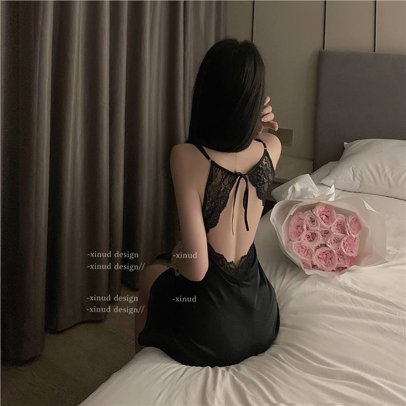 Women's Black Lace Nude Pink Satin Contrast Slip Nightgown Sexy Deep V Neck Flared A-Line Mini Sleep Dress Chemise