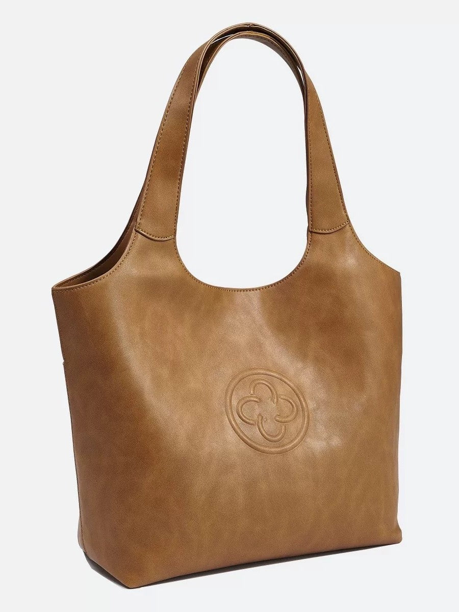 Tan Leather Tote Bag with Embossed Logo | Camel Brown Shoulder Bag