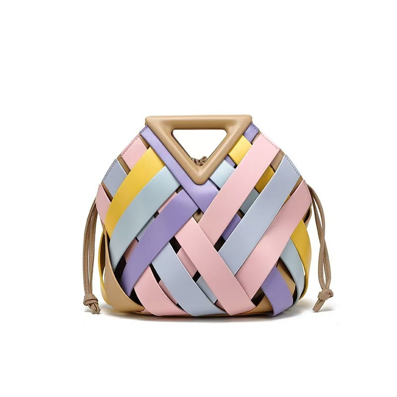 Gold Metallic Woven Basket Bag with Triangle Handle | Luxury Statement Handbag