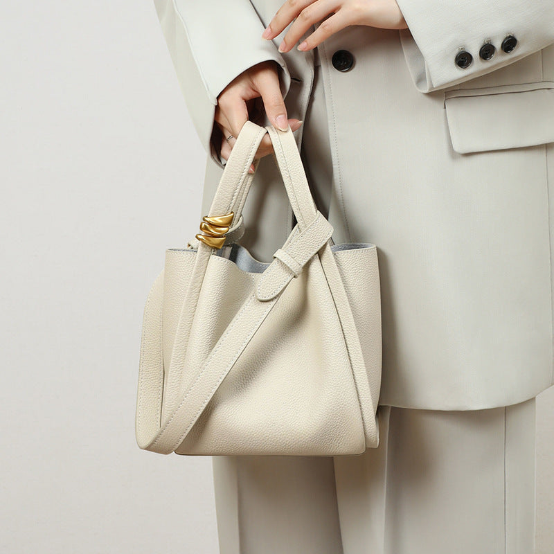 Cream Ivory Leather Tote Bag - Women's Shoulder Bag with Gold Knot Detail | Large Pebbled Leather Tote for Work & Everyday
