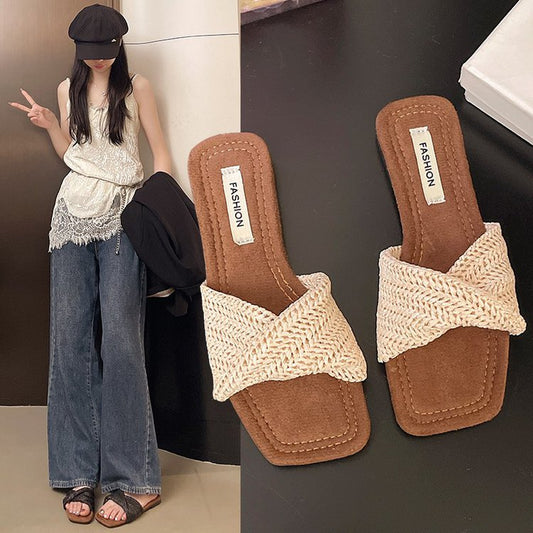 Women's Woven Raffia Slide Sandals - Boho Flat Open Toe Summer Slippers with Square Toe & Braided Strap