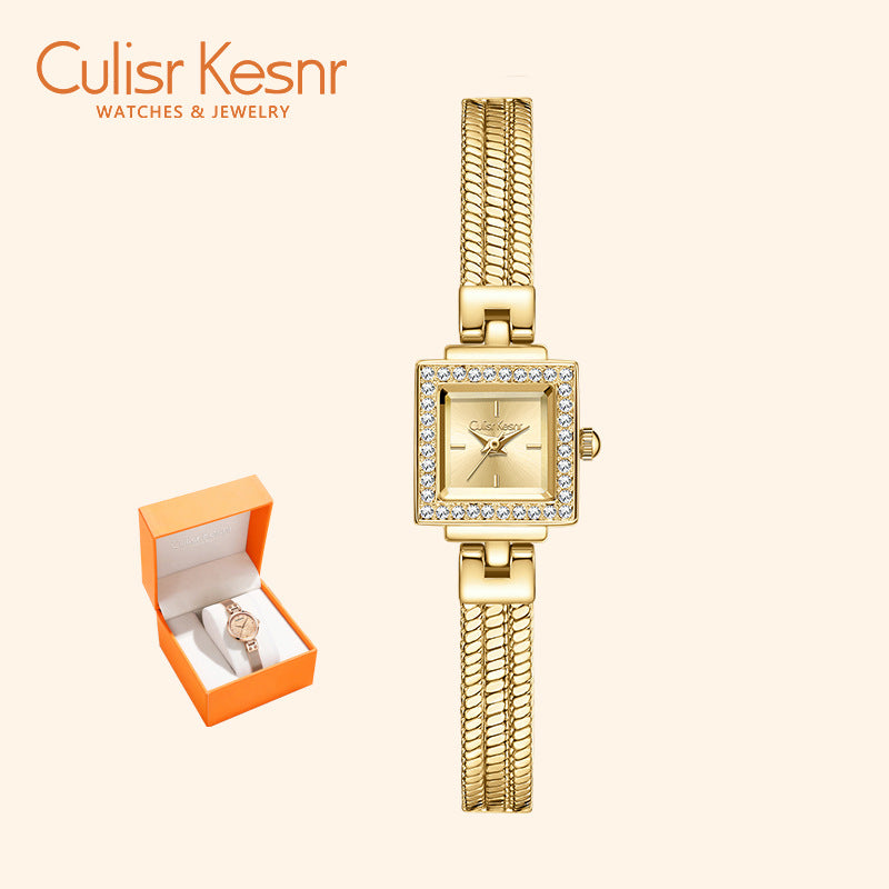 Women's Gold Square Crystal Bezel Watch | Diamond Pave Snake Chain Bracelet Champagne Dial Luxury Quartz Timepiece
