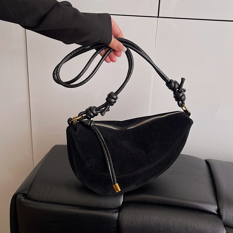 Suede Crescent Shoulder Bag with Knotted Strap & Gold Hardware | Women's Half Moon Hobo Bag in Brown | Trendy Minimalist Crossbody for Everyday & Going Out
