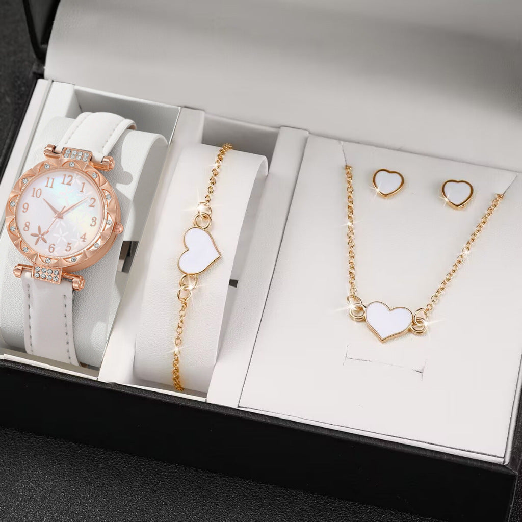 Women's Rose Gold Diamond Watch & Pearl Jewellery Gift Set | 6 Piece White Leather Strap Watch Necklace Earring Bracelet Ring Set