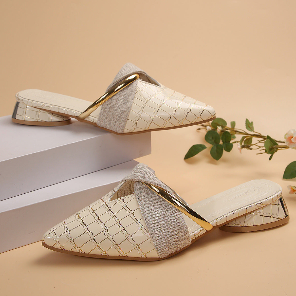 Croc Embossed Pointed Toe Mule Flats | Beige Gold Ring Slip-On Flat Shoes | Women's Luxury Casual Backless Loafer Mules