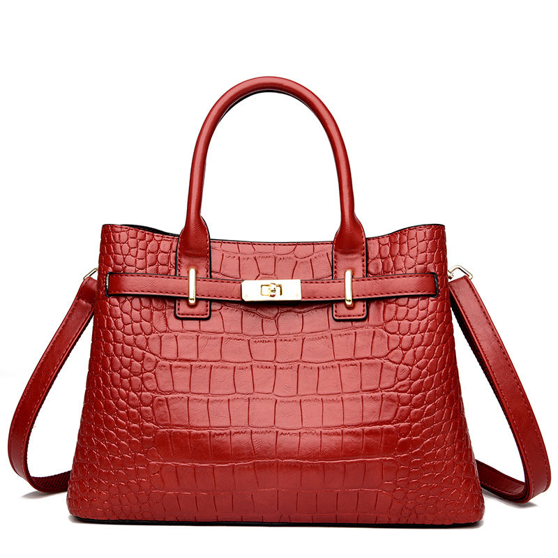 Black Crocodile Embossed Leather Tote Bag Gold Turn Lock Top Handle Crossbody Strap | Women Luxury Birkin Style Structured Handbag Office Shoulder Purse