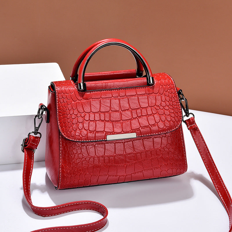 Black Crocodile Embossed Leather Handbag - Structured Top Handle Crossbody Bag with Shoulder Strap | Women's Designer Style Purse