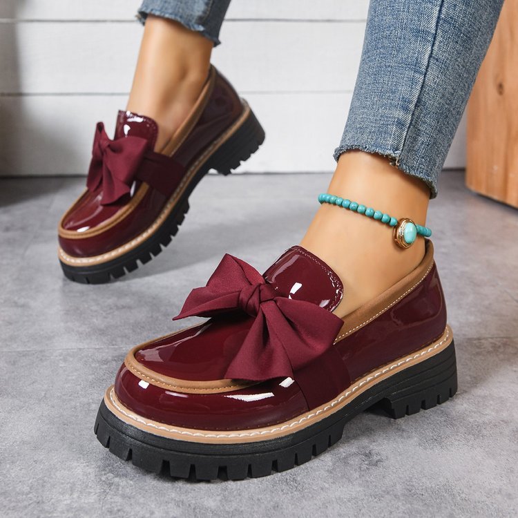 Women's Green Patent Leather Bow Platform Loafers ? Chunky Lug Sole Slip-On Shoes with Ribbon Bow Detail