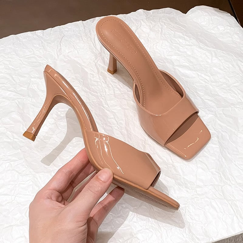 Nude Patent Leather Square Toe Stiletto Mule Heels | Women's Open Toe Slip-On High Heel Sandals | Minimalist Luxury Heels