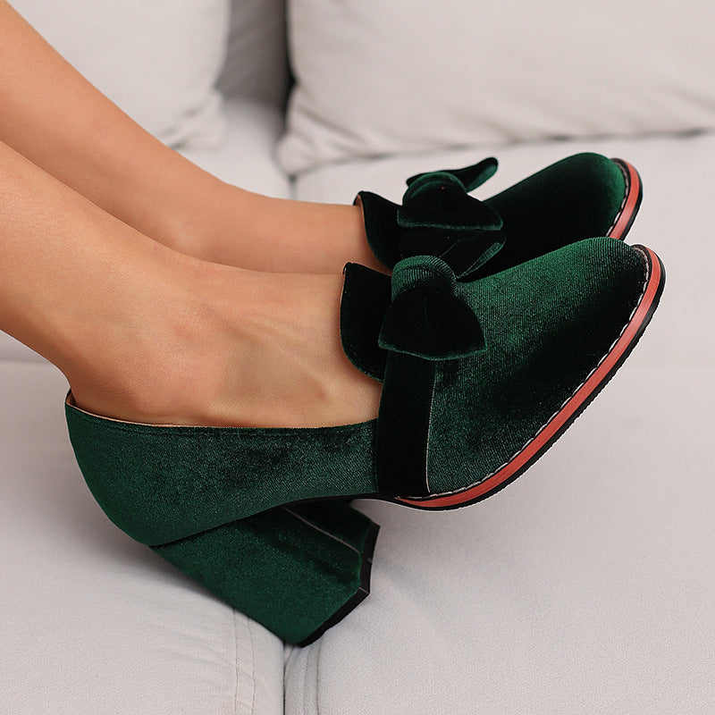Magenta Velvet Bow Loafer Block Heel Pumps | Women's Round Toe Slip-On Chunky Heel Shoes | Luxury Velvet Party Heels