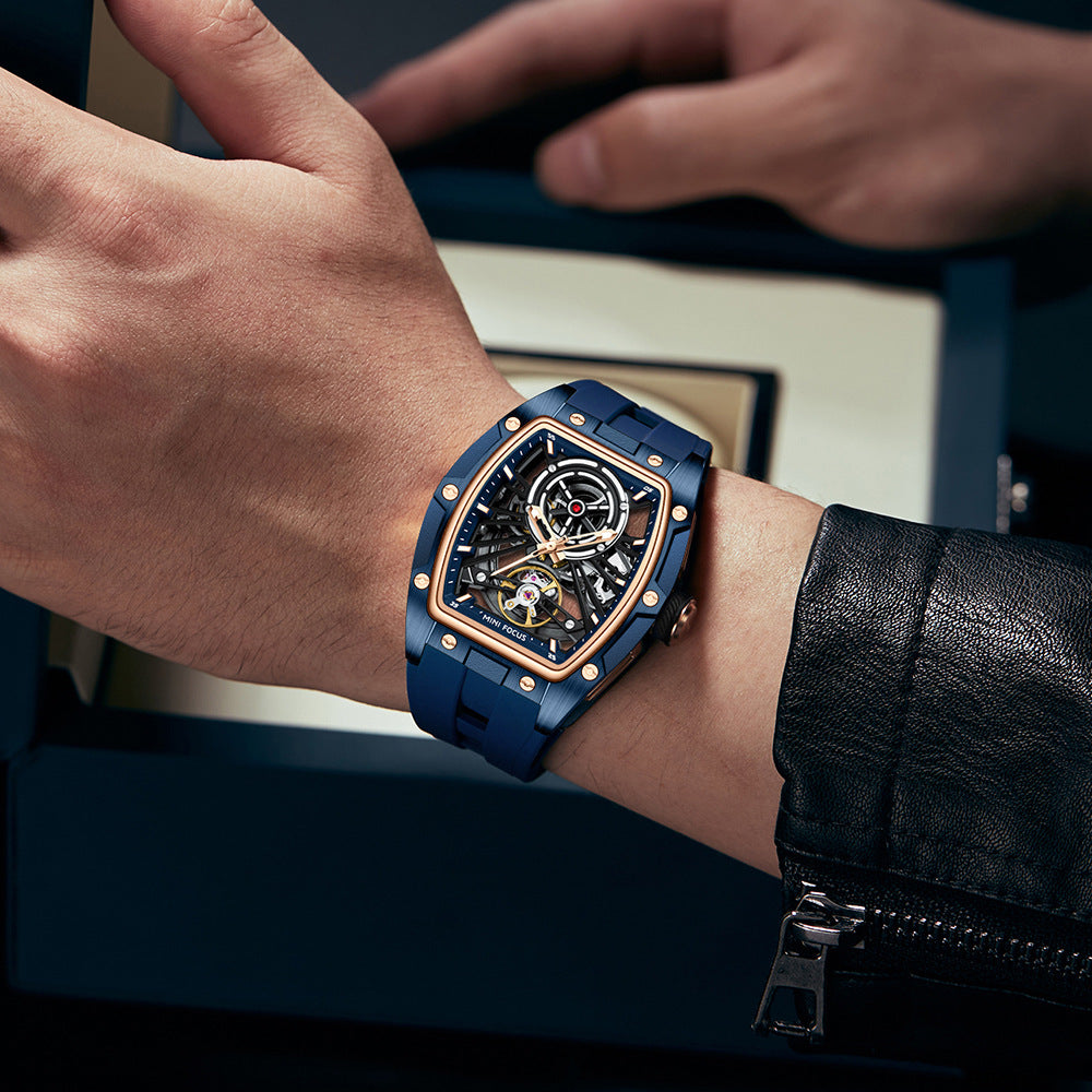 Mini Focus Skeleton Watch for Men | Blue Rose Gold Tourbillon Style Hollow Dial Sport Watch