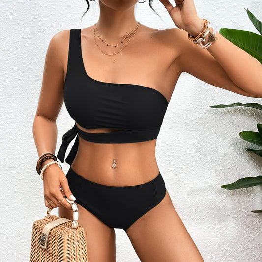 Olive Green One Shoulder Bikini Set, Wrap Tie Crop Top & High Waist Bottom, Women Solid Asymmetric Swimwear, Chic Resort Beach Swimsuit, Sage Green Two Piece Bathing Suit