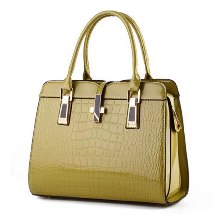 Black Patent Crocodile Embossed Handbag with Gold Hardware | Glossy Structured Tote