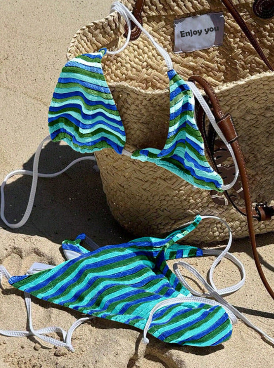 Women's Green Blue Striped Triangle Bikini Set with White Tie Sides and Halter Neck for Beach and Vacation