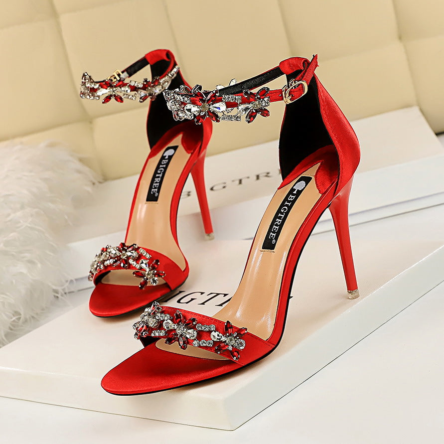 Emerald Green Satin Crystal Rhinestone Ankle Strap Stiletto Sandals | Women's Jeweled Open Toe High Heel Shoes