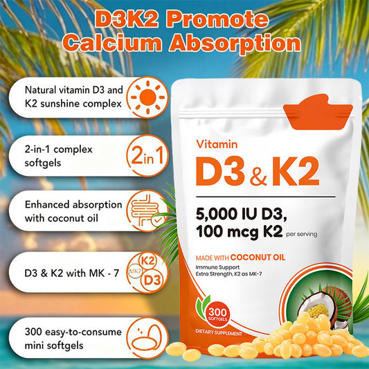Vitamin D3 K2 5000 IE mit Kokosnussöl | 300 Softgels | Hochdosiertes D3 & K2 MK-7 Präparat zur Unterstützung des Immunsystems und der Knochengesundheit