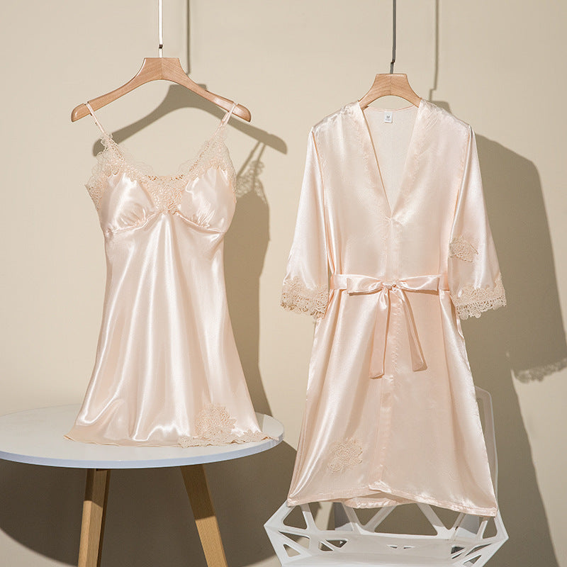 Women's Wine Red Satin Lace Trim 2 Piece Nightgown and Robe Set Sexy V Neck Slip Dress with Belted Dressing Gown Sleepwear