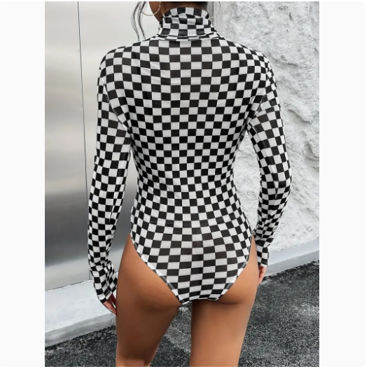 Black White Checkered Bodysuit | Long Sleeve Turtleneck High Cut | Retro Racing Print Thong Bodysuit Women