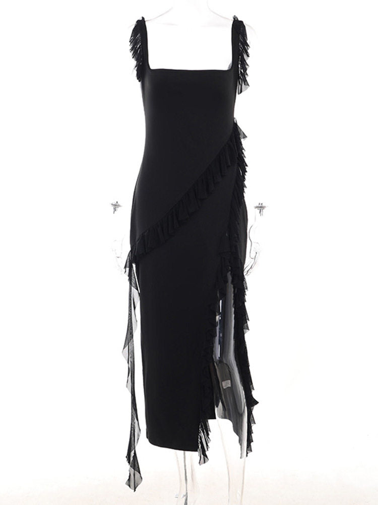 Women's Red Ruffle Asymmetric Maxi Dress | Spaghetti Strap High Slit Flowy Party Dress