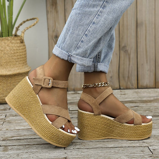 Women's Cross Strap Wedge Sandals | Espadrille Platform Ankle Buckle Sandal | Summer Open Toe Suede Heels | Casual & Occasion Footwear