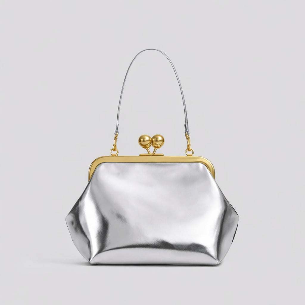 Oversized Black Kiss Lock Frame Bag | Gold Clasp Shoulder Bag for Women | Vintage Doctor Style Clutch Handbag
