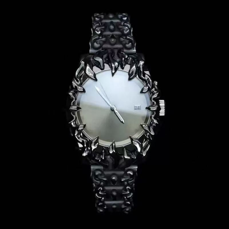 Men's Gothic Flame Watch | Red Dial Silver Flame Bezel Punk Vintage Quartz Date Stainless Steel Statement Watch