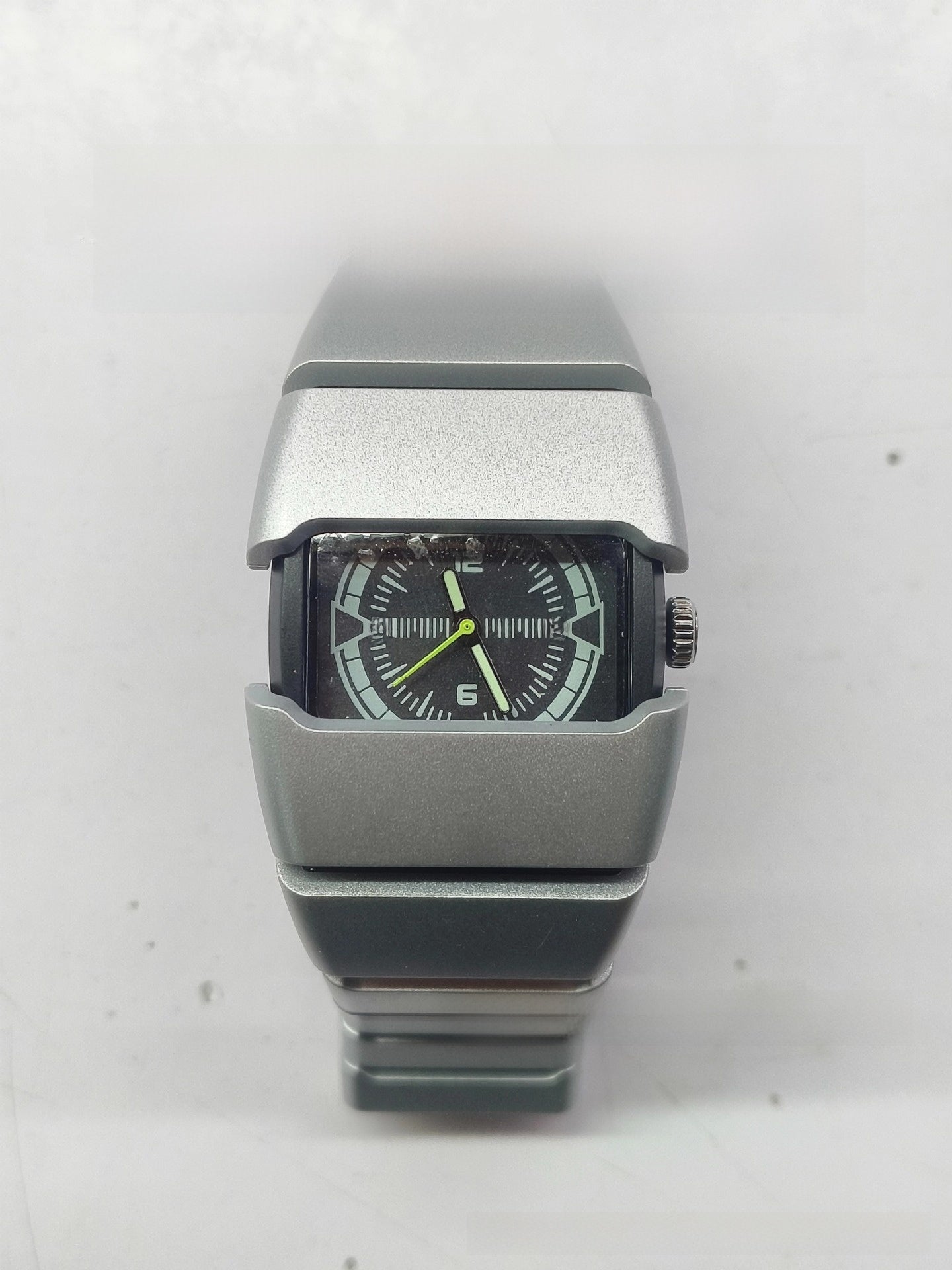 Men's Futuristic Wide Rectangular Watch | Matte Silver Aluminum Case Black Dial Neon Green Hands | Diesel Style Techwear Sport Timepiece