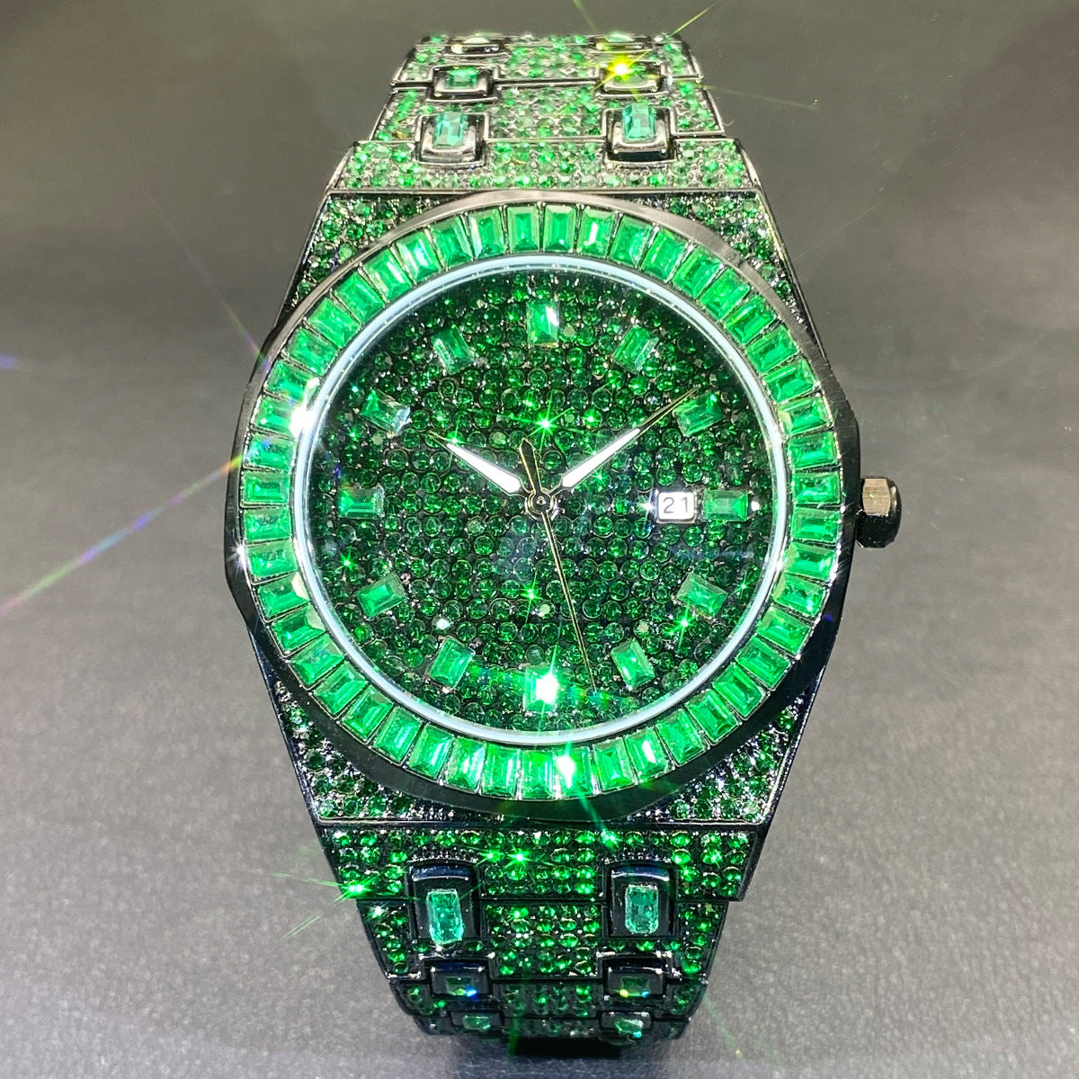Iced Out Emerald Green Watch for Men | Full Pave CZ Baguette Bezel Luxury Hip Hop Watch with Date