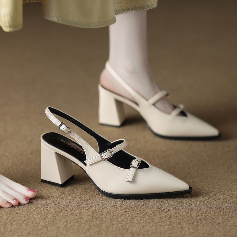Black Leather Double Buckle Strap Pointed Toe Slingback Block Heel Pumps | Women's Mary Jane Style Mid Heel Shoes