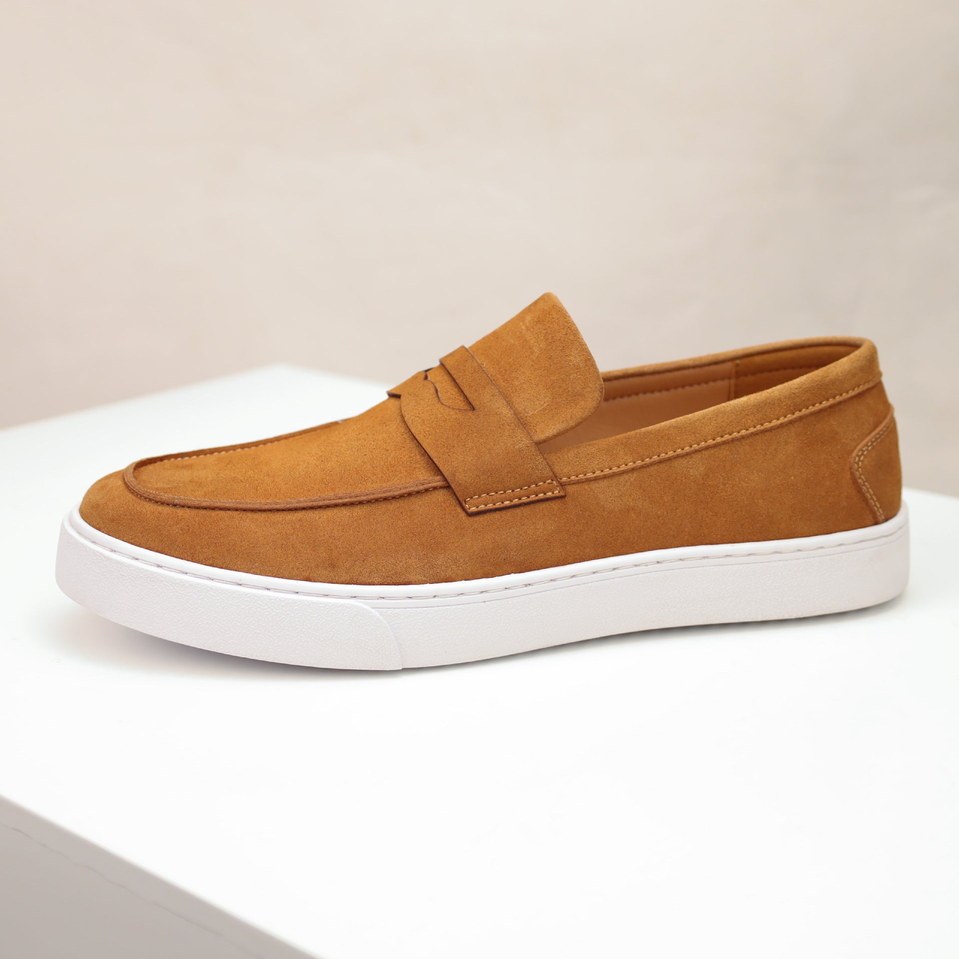 Men's Genuine Suede Leather Penny Loafers | Platform Slip-On Shoes | Tan Brown