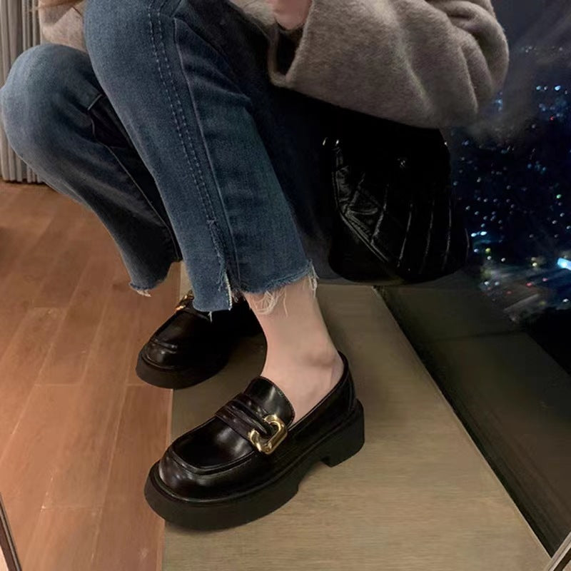 Black Leather Platform Loafers for Women | Gold Chain Bit Hardware Chunky Sole Slip-On Loafers | Square Toe Thick Platform Dress Shoes | Luxury Style Everyday Loafers