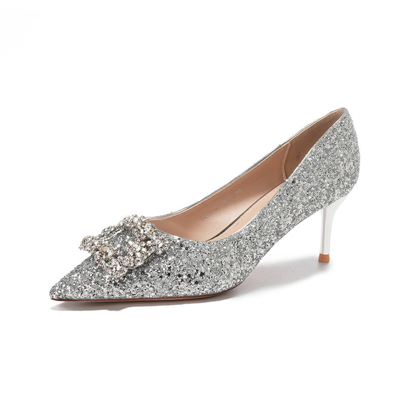 Gold Glitter Stiletto Heels | Crystal Rhinestone Buckle Pointed Toe Pumps | Wedding & Evening Party Shoes for Women