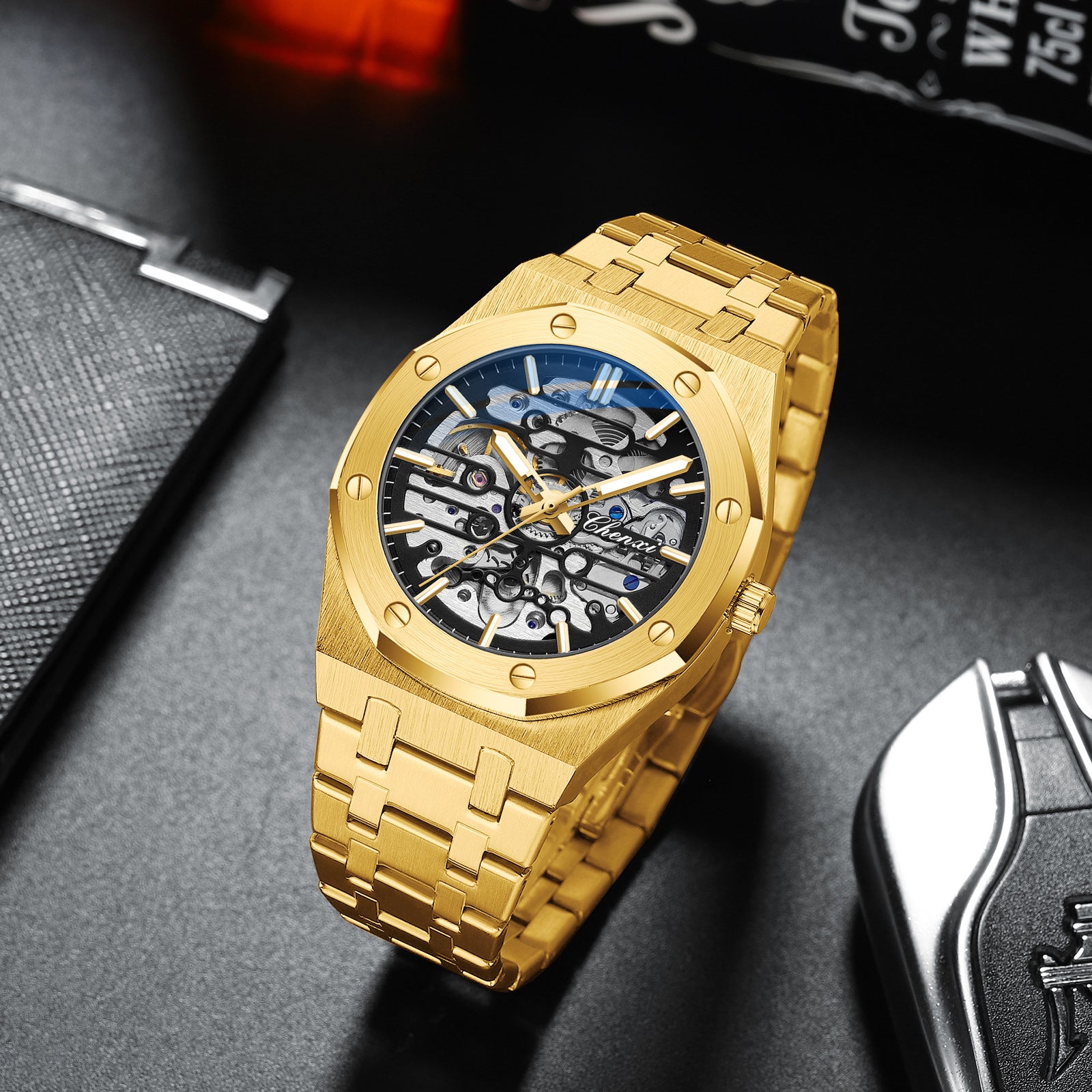 Chenxi Men's Skeleton Mechanical Watch | Royal Oak Style Octagonal Screw Bezel Blue Accent | Silver Stainless Steel Bracelet Luxury Timepiece