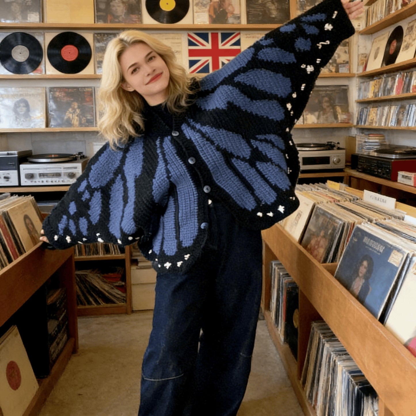 Butterfly Wing Knit Cardigan Women | Pink & Black Monarch Oversized Shawl Wrap Sweater | Boho Fairy Cottagecore Jacket