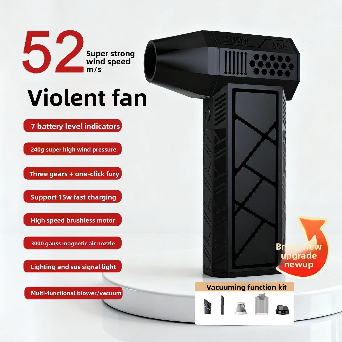 Portable Handheld Turbo Fan 52m/s | 200W Brushless Motor Cordless Air Blower | 15W Fast Charge Wireless Jet Fan
