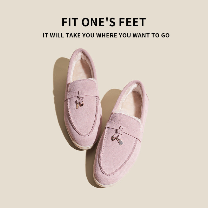 Women's Beige Suede Loafers with Gold Lock Charm ? Elegant Slip-On Flat Shoes for Everyday Luxury