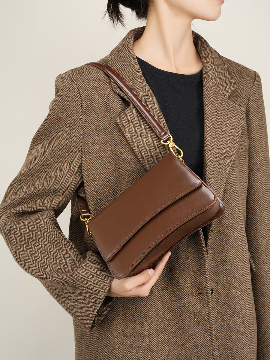 Genuine Leather Cognac Brown Leather Crossbody Bag | Structured Flap Shoulder Bag Women
