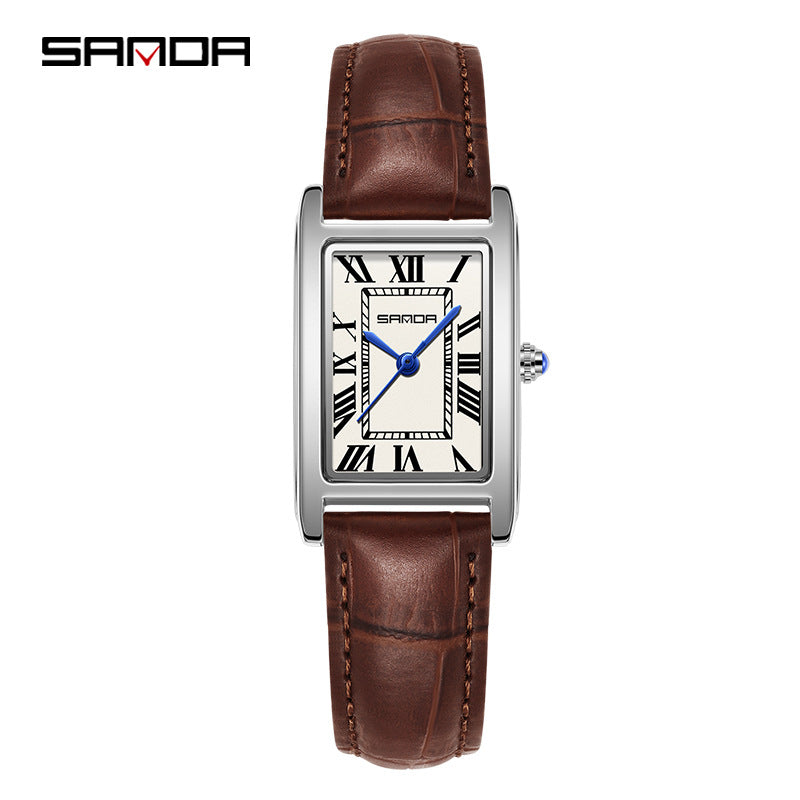 SANDA Women's Rectangle Rose Gold Watch | White Roman Numeral Dial Blue Hands Black Leather Strap Classic Quartz Timepiece