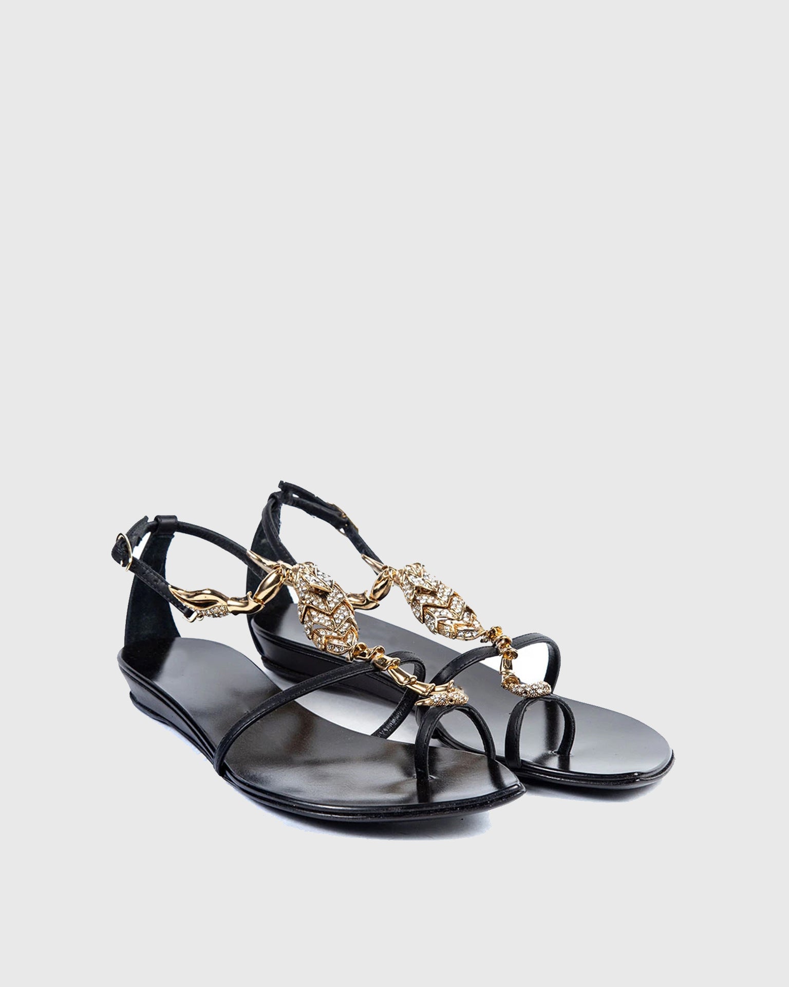Black Leather Gold Crystal Rhinestone Flame Serpent T-Bar Stiletto Sandals with Slingback Buckle | Luxury Designer Evening Heels for Women