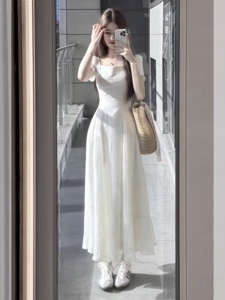 Women's White Square Neck Puff Sleeve Maxi Dress - Elegant A-Line Pleated Long Dress with Cinched Waist - Romantic Fairy Dress for Summer, Beach, Vacation & Everyday Wear
