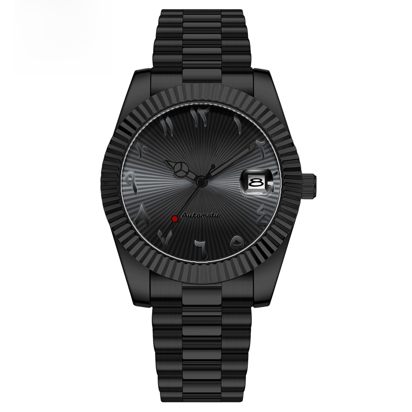 Carsikie Arabic Numeral Watch Men | Black Sunray Dial | Fluted Bezel President Style | Day Date Silver Stainless Steel Watch